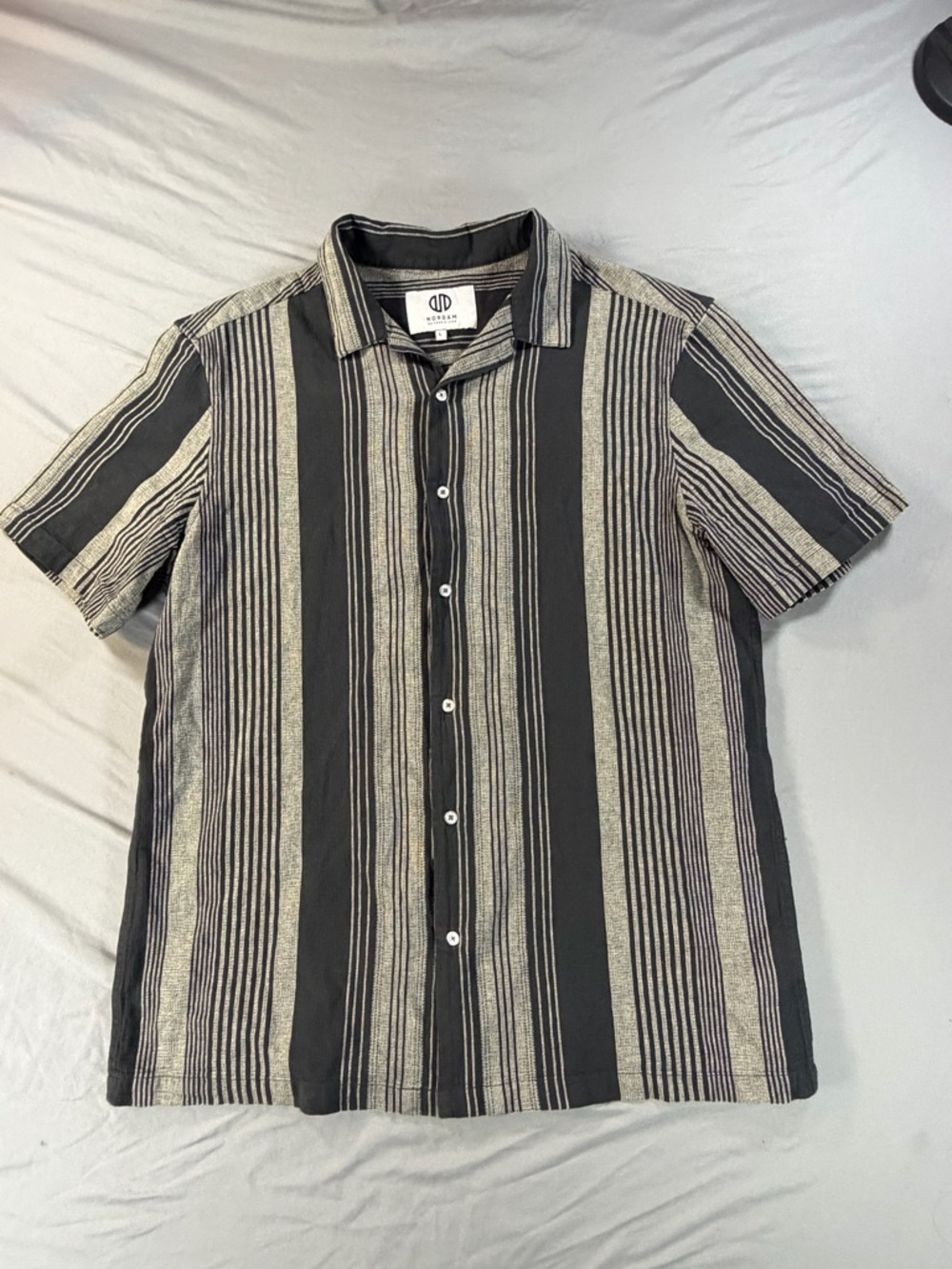 Nordam Men's Black Beige Striped Cotton Button-Up Shirt Short Sleeve L